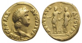 Nero (54-68), Aureus, Rome, 64-5. AV (g 7.05, mm 17, h 6). NERO CAESAR AVGVSTVS, Laureate head r.; Rv. AVGVSTVS - AVGVSTA, Nero, radiate and togate, s...