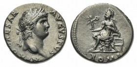 Nero (54-68), Denarius, Rome, c. 64-5. AR (g 3,30; mm 17; h 6). NERO CAESAR AVGVSTVS, Laureate head r.; Rv. Roma seated l. on cuirass, holding Victory...