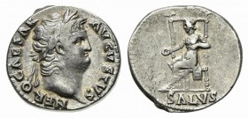 Nero (54-68), Denarius, Rome, c. 65-6. AR (g 3,50; mm 17; h 6). IMP NERO CAESAR AVGVSTVS, Laureate head r.; Rv. SALVS, Salus seated l. on ornamented t...