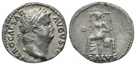 Nero (54-68), Denarius, Rome, c. 65-6. AR (g 3,25; mm 19; h 6). [IM]P NERO CAESAR AVGVSTVS, Laureate head r.; Rv. SALVS, Salus seated l. on ornamented...