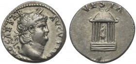 Nero (54-68), Denarius, Rome, ca. 65-6. AR (g 2,82; mm 18; h 6). NERO CAESAR AVGVSTVS, Laureate head r., Rv. Hexastyle temple of Vesta with domed roof...