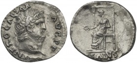 Nero (54-68), Denarius, Rome, ca. 67-8. AR (g 2,88; mm 19; h 6). [IMP] NERO CAESAR AVG P P, Laureate head r., Rv. Salus seated l. on ornamented throne...