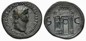 Nero (54-68), Sestertius, Rome, AD 64. AE (g 30,79; mm 34; h 6). NERO CLAVD CAESAR AVG GER P M TR P IMP P P, Laureate head r., wearing aegis; Rv. Triu...