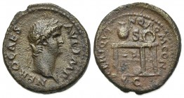 Nero (54-68), Semis, Rome, AD 64. AE (g 3.77; mm 19; h 6). NERO CAES AVG IMP, Laureate head r.; Rv. CER QVI-NQ ROM CON, Table, seen from front and r.,...