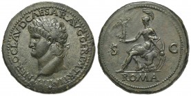 Nero (54-68), Sestertius, Rome, ca. AD 65. AE (29.76 g, mm 36, h 6). NERO CLAVD CAESAR AVG GER P M TR P IMP P P, Laureate head l.; Rv. Roma seated lef...