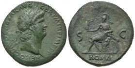 Nero (54-68), Sestertius, Rome, AD 66. AE (29.71 g, mm 36, h 6). NERO CLAVD CAESAR AVG GER IM TR P IMP P P, Laureate head r.; Rv. Roma seated l. on cu...
