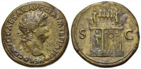 Nero (54-68), Sestertius, Lugdunum, c. AD 65. AE (g 28,47; mm 36; h 6). NERO CLAVD CAESAR AVG GER P M TR P IMP P P, Laureate head r., small globe at p...