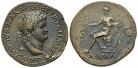 Nero (54-68), Sestertius, Lugdunum, c. AD 65. AE (g 24.93; mm 35; h 6). NERO CLAVD CAESAR AVG GER P M TR P IMP P P, Laureate head r., globe at point o...