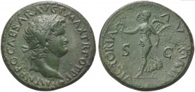 Nero (54-68), Dupondius, Lugdunum, ca. AD 66. AE (g 14,28; mm 29; h 6). IMP NERO CAESAR AVG P MAX TR POT P P, Laureate head r., Rv. VICTORIA AVGVSTI, ...