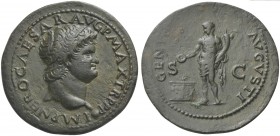 Nero (54-68), As, Lugdunum, ca. AD 66. AE (g 10,07; mm 30; h 6). IMP NERO CAESAR AVF P MAX TR P P P, Bare head r., globe at point of bust, Rv. GEN[IO]...