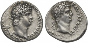 Nero with Divus Claudius (54-68). Seleucis and Pieria, Antioch(?), Tetradrachm, c. 63-8. AR (g 7,32; mm 21; h 11). NERO CLAVD DIVI CLAVD F CAESAR AVG ...