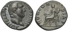 Vitellius (AD 69), Denarius, Rome, ca. late April-20 December. AR (g 3,09; mm 18; h 6). A VITELLIVS GERMANICVS IMP, Bare head r., Rv. CONCORDIA PR, Co...