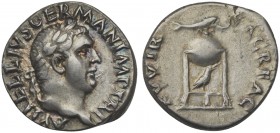 Vitellius (AD 69), Denarius, Rome, ca. late April-20 December. AR (g 3,40; mm 19; h 6). A VITELLIVS GERMAN IMP TR P, Laureate head r., Rv. XV VIR SACR...