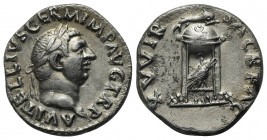 Vitellius (AD 69), Denarius, Rome, c. late April-20 December. AR (g 3,24; mm 17; h 6). A VITELLIVS GERM IMP AVG TR P, Laureate head r.; Rv. XV VIR SAC...