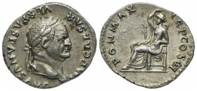 Vespasian (69-79), Denarius, Rome, AD 75. AR (g 3,54; mm 19; h 6). IMP CAESAR - VESPASIANVS AVG, Laureate head r. Rx: PON MAX - TR P COS VI, Securitas...