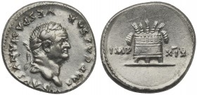 Vespasian (69-79), Denarius, Rome, 77-8. AR (g 3,25; mm 18; h 6). IMP CAESAR VESPASIANVS AVG, Laureate head r., Rv. Modius containing grain ears; IMP-...