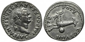 Vespasian (69-79), Denarius, Rome, AD 79. AR (g 3,30; mm 20; h 6). IMP CAESAR VESPASIANVS AVG, Laureate head r.; Rv. TR POT X COS VIIII, Capricorn l.;...