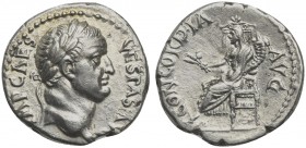 Vespasian (69-79), Denarius, Ephesus, 69-70. AR (g 3,27; mm 17; h 12). IMP CAES VESPAS AVG, Laureate head r., Rv. CONCORDIA AVG, Concordia seated l., ...