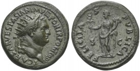 Titus (Caesar, 69-79), Dupondius, Rome, AD 72. AE (g 13,19; mm 28; h 5). T CAESAR VESPASIAN IMP III PON TR POT II COS II, Radiate head r. R/ FELICITAS...