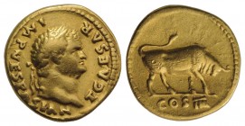 Titus (Caesar, 69-79). AV Aureus (g 7.212, mm 19, h 6). Rome, AD 75. T CAESAR IMP VESPASIAN / COS IIII, Laureate head r.; Rv. Bull charging r. RIC II ...