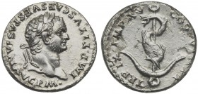 Titus (79-81), Denarius, Rome, 1 January-30 June AD 80. AR (g 3,33; mm 17; h 12). IMP TITVS CAES VESPASIANVS AVG P M, Laureate head r., Rv. TR P IX IM...
