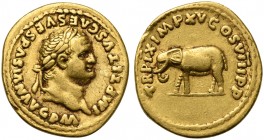 Titus (79-81), Aureus, Rome, AD 80. AV (g 6,90; mm 20; h 6). IMP TITVS CAES VESPASIAN AVG P M, Laureate head r., Rv. TR P IX IMP XV COS VIII P P, Elep...