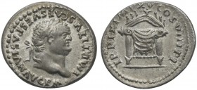 Titus (79-81), Denarius, Rome, 1 January-30 June AD 80. AR (g 3,41; mm 18; h 6). IMP TITVS CAES VESPASIANVS AVG P M, Laureate head r., Rv. TR P IX IMP...