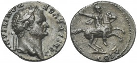 Domitian (Caesar, 69-81), Denarius, Rome, 77-8. AR (g 2,98; mm 18; h 5). CAESAR AVG F DOMITIAN[VS], Laureate head r., Rv. Soldier on horseback rearing...