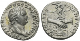 Domitian (Caesar, 69-81), Denarius, Rome, AD 79. AR (g 2,95; mm 17; h 9). CAESAR AVG F DOMITIANVS COS VI, Laureate head r., Rv. PRINCEPS IVVENTVTIS, R...
