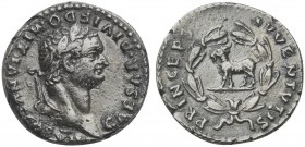 Domitian (Caesar, 69-81), Denarius, Rome, 80-1. AR (g 3,09; mm 17; h 5). CAESAR DIVI F DOMITIANVS COS VII, Laureate head r., Rv. PRINCEPS IVVENTVTIS, ...