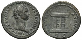 Domitian (81-96), As, Rome, AD 84. AE (g 8.52; mm 27; h 6). IMP CAES DOMITIAN AVG GERM COS X, Laureate bust r., wearing aegis; Rv. SALVTI AVGVSTI, Alt...
