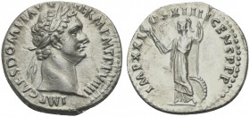 Domitian (81-96), Denarius, Rome, AD 89. AR (g 3,21; mm 19; h 6). IMP CAES DOMIT AVG GERM P M TR P VIIII, Laureate head r., Rv. IMP XXI COS XIIII CENS...