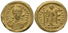 Justinian I (527-565); AV Solidus (g 4,48; mm 21; h 6); Constantinople, 527-538. Helmeted and cuirassed bust facing slightly r., holding spear and shi...