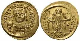 Justinian I (527-565); AV Solidus (g 4,50; mm 20; h 6); Carthage, year 11 (AD 547/8); Helmeted and cuirassed bust facing, holding globus cruciger and ...
