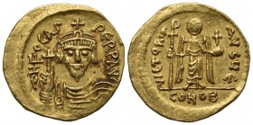 Phocas (602-610); AV Solidus (g 4,41; mm 21; h 6); Constantinople, 607-610; Crowned, draped and cuirassed bust facing, holding globus cruciger; Rv. An...