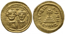 Heraclius (610-641); AV Solidus (g 4,37; mm 21; h 7); Constantinople, 625-629. Crowned facing busts of Heraclius and Heraclius Constantine; cross abov...
