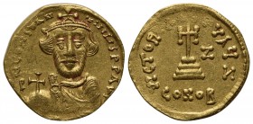 Constans II (641-668); AV Solidus (g 4,35; mm 20; h 6); Constantinople, year 7 (648/9). Crowned and draped facing bust, holding globus cruciger; Rv. C...
