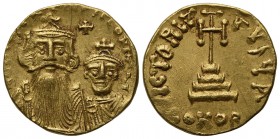 Constans II (641-668); AV Solidus (g 4,38; mm 19,5; h 6); Constantinople, 654-659. Crowned busts of Constans and Constantine facing, both wearing chla...