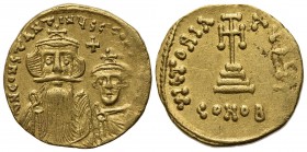 Constans II (641-668); AV Solidus (g 4,32; mm 20; h 6); Constantinople, 654-659. Crowned busts of Constans and Constantine facing, both wearing chlamy...