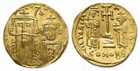 Constans II and Constantine IV (641-668); AV Solidus (g 4,49; mm 19; h 6); Constantinople, 654-659. Crowned and draped facing busts of Constans and Co...