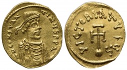 Constans II (641-668); AV Semissis (g 2,21; mm 17; h 6); Constantinople. Diademed, draped and cuirassed bust r.; Rv. Cross potent set on globe. MIB 50...