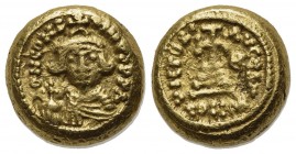 Constans II (641-668); AV Solidus (g 4,59; mm 11; h 6). Carthage, year 6 (647/8). Crowned and draped bust facing, holding globus cruciger; Rv. Cross p...
