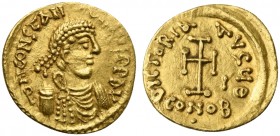 Constans II (641-668); AV Tremissis (g 1,46; mm 14; h 6); Syracuse, c. 646-648. Diadmed, draped and cuirassed bust r.; Rv. Cross potent; I to r., pell...