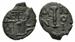 Constans II (641-668); AE 10 Nummi (14mm, 2.85g, 6h); Syracuse, year 10 (651/2). Crowned and draped bust facing; Rv. Large I; A/N-N/O/ I across field....