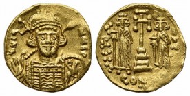Constantine IV (668-685); AV Solidus (g 4,37; mm 18,5; h 6); Constantinople, 674-681. Helmeted and cuirassed bust facing slightly r., holding spear an...