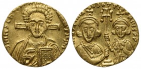 Justinian II with Tiberius (Second reign, 705-711); AV Solidus (g 3,91; mm 19; h 6). Constantinople, 705-711. Facing bust of Christ Pantokrator; cross...