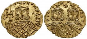Constantine V with Leo IV and Leo III (741-775); AV Solidus (g 3,94; mm 22,5; h 6); Syracuse, 751-775. Crowned and draped facing busts of Constantine ...