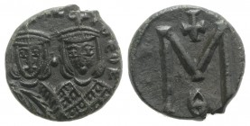 Michael II and Theophilus (820-829); Æ 40 Nummi (16mm, 3.58g, 6h). Syracuse, 821-9. Crowned facing busts of Michael and Theophilus; Rv. Large M; cross...