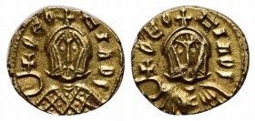 Theophilus (829-842); AV Semissis (g 1,76; mm 12; h 6); Syracuse, 831-842. Crowned facing bust of Theophilus, wearing chlamys, holding globus cruciger...