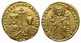 Basil I and Constantine (867-886); AV Solidus (g 4,34; mm 19,5; h 6); Constantinople, 870-871. Christ Pantokrator enthroned facing; Rv. Crowned facing...